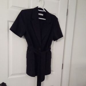 Mango Women's Black Linen Blend Short Sleeve Blazer With Tie Belt